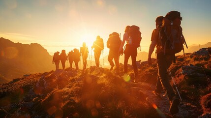 Obraz premium group of people walking between mountains in the middle of a beautiful sunset generative ai