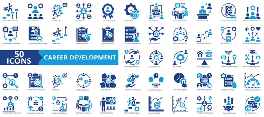 Career development icon collection set. Containing skills, training, mentorship, networking, personal branding, goal setting, job rotation icon. Simple flat vector illustration.