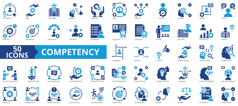 Competency icon collection set. Containing skills, knowledge, abilities, proficiency, talent, expertise, capability icon. Simple flat vector illustration.