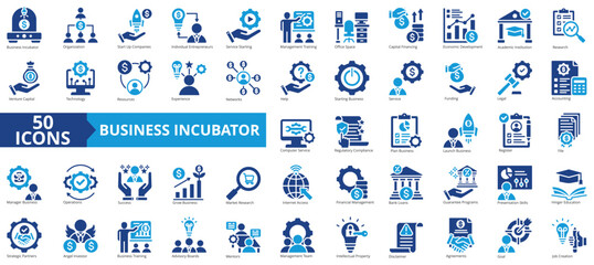 Business incubator icon collection set. Containing company, entrepreneur, service, management, training, economic, development icon. Simple flat vector illustration.