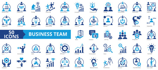 Business team icon collection set. Containing collaboration, strategy, leadership, communication, innovation, empowerment, synergy icon. Simple flat vector illustration.