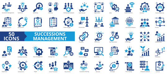 Succession management icon collection set. Containing skills, leadership, business, human resources, evaluation, replacement, planning icon. Simple flat vector illustration.