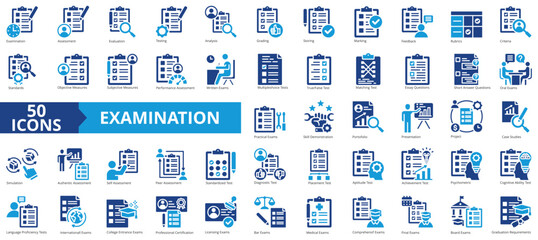 Examination icon collection set. Containing assessment, evaluation, testing, analysis, grading, storing, simulation icon. Simple flat vector illustration.