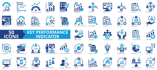 Key performance indicator icon collection set. Containing metrics, performance, indicator, targets, objective, measurement, improvement icon. Simple icon vector illustration.