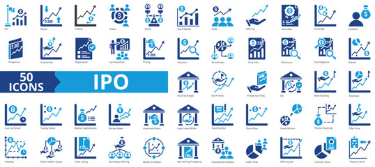 IPO icon collection set. Containing stocks, trading, shares, equity, stock market, public offering, securities icon. Simple flat vector illustration.