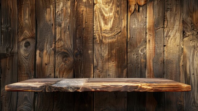 A rustic brown wooden shelf with a gap