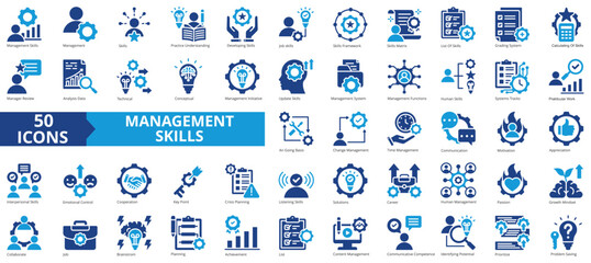 Management skills icon collection set. Containing learning, expertise, job, framework, competence, analysis, implementation icon. Simple flat vector illustration.
