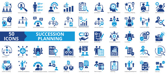 Succession planning icon collection set. Containing talent identification, skill assessment, performance evaluation, career path, job rotation, competence icon. Simple flat vector illustration.