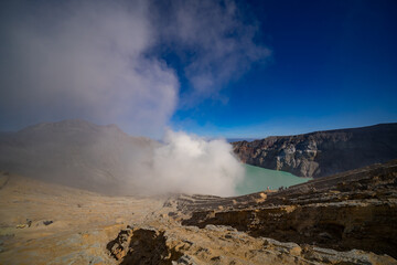 Aerial view Kawah Ijen volcano with turquoise sulfur water lake at sunrise.Amazing nature landscape view at East Java, Indonesia. Natural landscape background