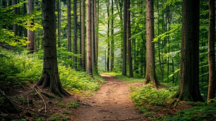 path covered in green leaves, with tall trees on both sides generative ai