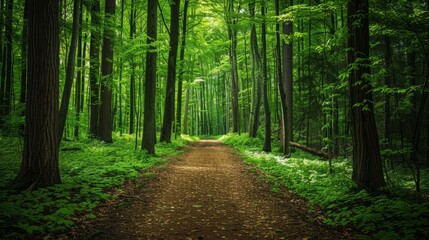 Obraz premium path covered in green leaves, with tall trees on both sides generative ai