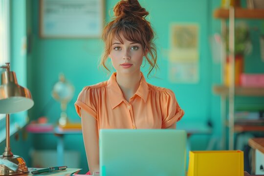 Professional Businesswoman Typing on Laptop in Cyan Blouse and Magenta Skirt