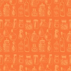 Seamless print pattern with jars and bottles with different food kitchen wallpaper background for textile, paper	
