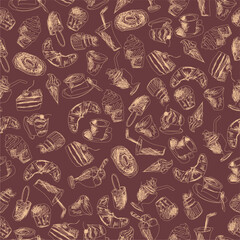Seamless pattern with drinks an desserts art print for textile, paper, wallpaper decor design food kitchen cafe restaurants	
