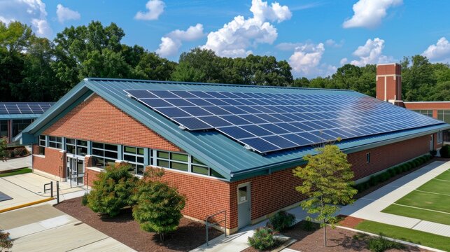 renewable energy initiative, solar panels on school roof power classrooms, reduce carbon footprint, and set example for clean energy usage in the community