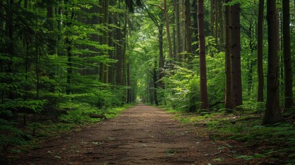 Obraz premium path covered in green leaves, with tall trees on both sides generative ai