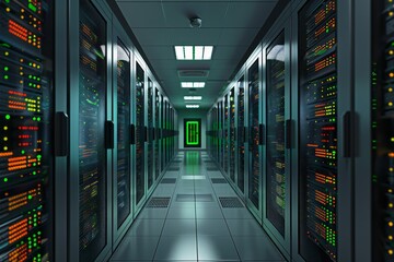 Shot of Corridor in Working Data Center Full of Rack Servers and Supercomputers with Cloud Storage Advantages Icon Visualization