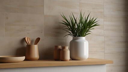 Fototapeta premium Minimalist kitchen counter with wooden utensils and a green plant in a white vase, emphasizing natural elements and a clean aesthetic.