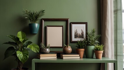 Stylish interior design with green wall, houseplants, and blank frames, creating a cozy and modern living space.