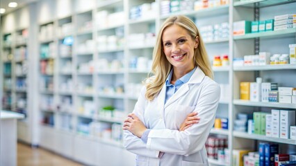 Pharmacy, pharmacist or portrait of woman with arms crossed on the right or smile in customer services or clinic. Healthcare help desk, wellness or happy doctor smiling by medication on shelf in drugs