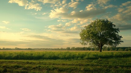 Fototapeta premium A large tree stands in a field of grass. The sky is cloudy and the sun is setting