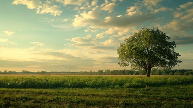 A large tree stands in a field of grass. The sky is cloudy and the sun is setting
