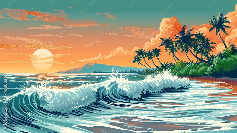 Sticker A colorful, digital illustration of a beach scene with palm trees and waves.