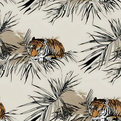 Sleek Tiger and Palm Leaf Repeat Motif for Fashion