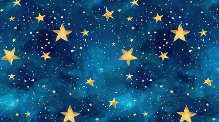 Fototapeta premium A seamless pattern of gold stars on a blue watercolor background.