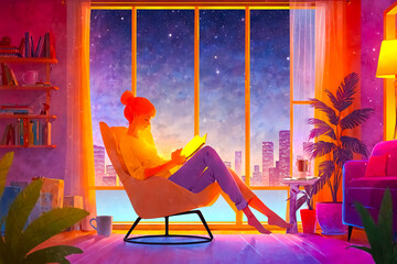 Woman Relaxing in a Chair by the Window, Looking at the Cityscape