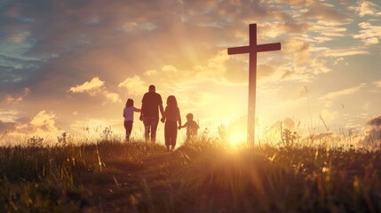 Silhouette of family looking for the cross of Jesus Christ on the background of autumn sunrise generative ai © Francheska