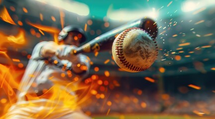 Intense action: a baseball on fire soaring through air with players , capturing thrilling energy and excitement of baseball, with a dramatic fiery image that emphasises dynamic nature of the sport.