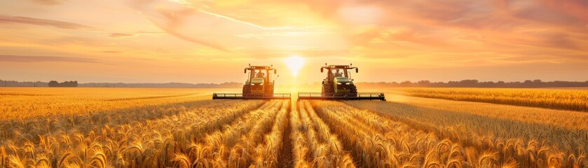 Fototapeta premium Two tractors harvesting wheat at sunset.