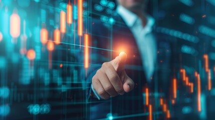 A businessman's hand points at a digital screen displaying financial data and charts.  The image symbolizes success, technology, and financial growth.
