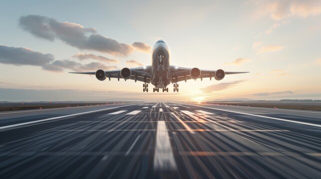 A commercial airplane takes off from a runway at sunset.  The plane is silhouetted against the golden sky.