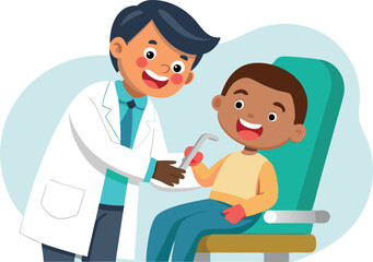 A man in a white coat is helping a child in a dentist's chair