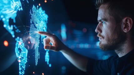 A man interacts with a glowing digital map of the world, representing global connectivity and data analysis.