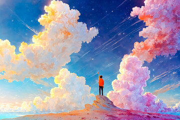 Fototapeta premium Man Reaching for the Stars on a Colorful Cloud Landscape