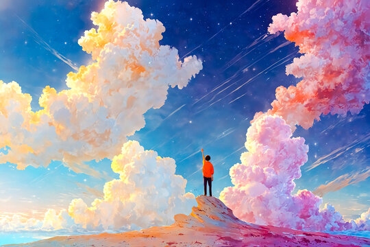 Man Reaching for the Stars on a Colorful Cloud Landscape