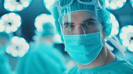 A surgeon in scrubs and mask looks intensely at the camera during surgery.