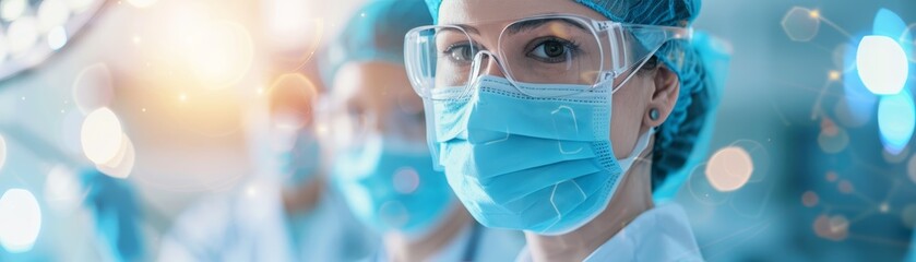 Close-up portrait of a woman wearing a face mask and protective goggles.