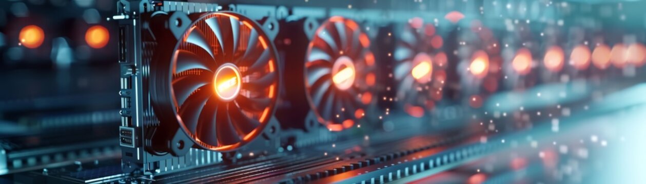 Closeup of glowing computer fans on a circuit board.