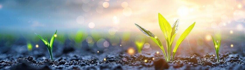 Green sprouts growing in the sunlight.