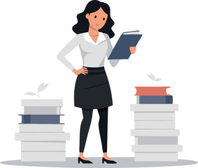 A woman is reading a book while standing in front of a pile of books