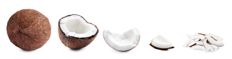 Coconut isolated on white. Whole, half and pieces