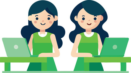 Fototapeta premium Two women are sitting at a table with laptops in front of them
