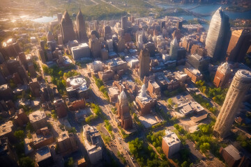 Obraz premium Aerial View of Downtown Cityscape at Sunset