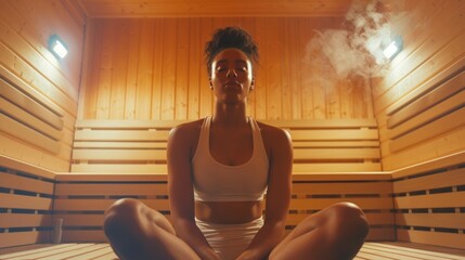 A gymnast sitting in a sauna using a cold temperature setting to cool down her body and promote relaxation after a intense practice.