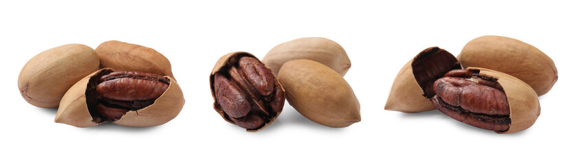 Many pecan nuts with shell isolated on white, set