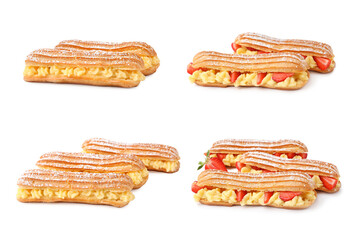 Different tasty eclairs with cream isolated on white, set